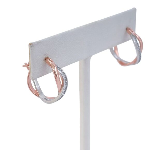 Vintage Sterling Silver 925 Cubic Zirconia Two-Tone Twisted Hoop Earrings - Picture 4 of 7